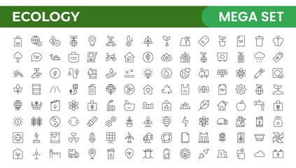 Ecology icon set. Environment, sustainability, nature, recycle, renewable energy; electric bike, eco-friendly, forest, wind power, green symbol. Solid icons vector collection.