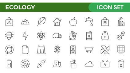 Ecology icon set. Environment, sustainability, nature, recycle, renewable energy; electric bike, eco-friendly, forest, wind power, green symbol. Solid icons vector collection.