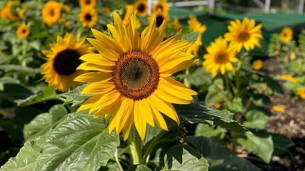 Obraz premium Sunflowers turn their faces towards the sun, basking in its nurturing glow.