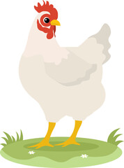 Farm Animals. White chicken on the grass on a white background. Baby flat vector illustration.