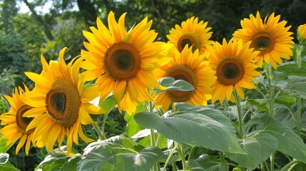 Fototapeta premium Sunflowers turn their faces towards the sun, basking in its nurturing glow.
