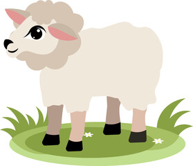 Farm Animals. Cute sheep standing on green grass on a white background. Baby flat vector illustration.