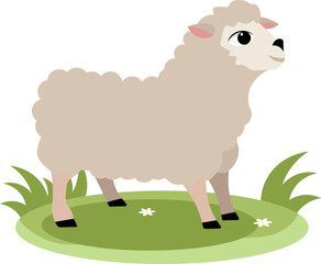Farm Animals. Cute gray sheep on green grass on a white background. Baby flat vector illustration.