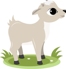 Farm Animals. Cute little goat on green grass on a white background. Baby flat vector illustration.