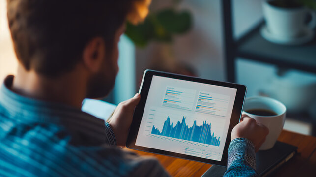 Entrepreneur reviewing a detailed line graph on tablet screen while sitting at his desk with notes and coffee cup visible.