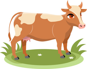 Farm Animals. A cow stands on green grass on a white background. Baby flat vector illustration.