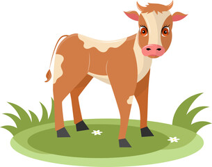 Farm Animals. A young calf stands on green grass on a white background. Baby flat vector illustration.