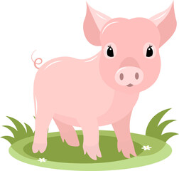 Farm Animals. A pink piglet stands on green grass on a white background. Baby flat vector illustration.