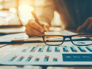 Accountant preparing for an annual financial review, with yearend reports and summary charts, emphasizing endofyear accounting tasks