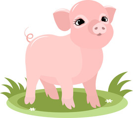 Farm Animals. Pink pig on green grass on a white background. Baby flat vector illustration.