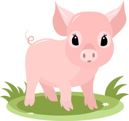 Farm Animals. Cute pink pig on green grass on white background.  Baby flat vector illustration.
