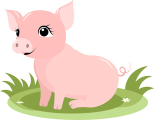 Farm Animals. Cute pink pig sitting on green grass on a white background. Baby flat vector illustration.