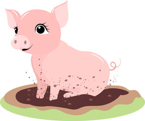 Farm Animals. Pink little pig sitting in the mud on a white background.  Baby flat vector illustration.
