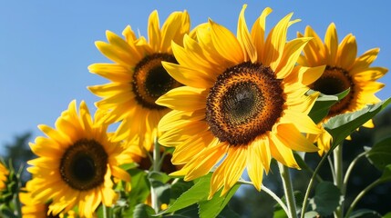 Obraz premium Sunflowers turn towards the sun, their vibrant petals basking in its life-giving rays.