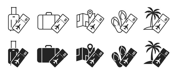 air travel line and flat icons. luggage, map, flip flops, palm tree and flight ticket. vacation and journey symbols. isolated vector images for tourism design