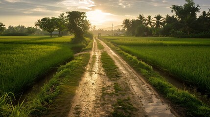 Obraz premium Dirt road middle lane and waterlogged through the rice field under sunlight in evening.