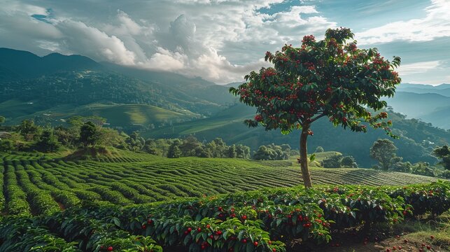 Coffee tree with fresh arabica coffee bean in coffee plantation on the mountain at northern of Chiang Rai, Thailand.