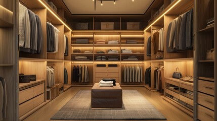 Luxurious walk-in closet with wooden shelves and lighting