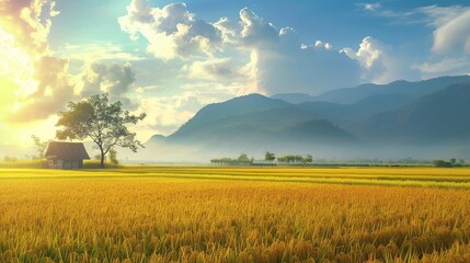 Golden yellow rice ear. Beautiful golden rice field and ear of rice. Generative AI illustration