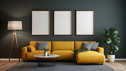 Modern luxury interior designs. Empty painted wall for mockup. accent furniture and a blank background. mockup wall, three vertical empty frames on the wall, interior mockup, mockup, PSD mockup