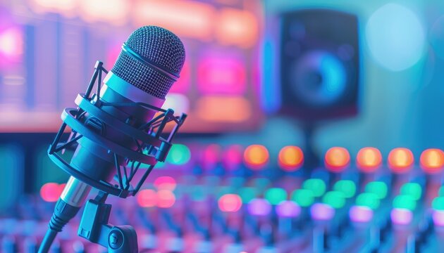 Studio Microphone with Neon Lights on Control Mixer for Professional Recording, Podcast, and Broadcast Themes