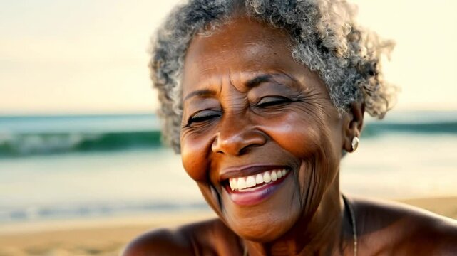 African American senior woman enjoy life by ocean beach. A mature African American woman enjoys a peaceful moment by the sea, her face lit by the setting sun. A perfect portrayal of serenity and agele