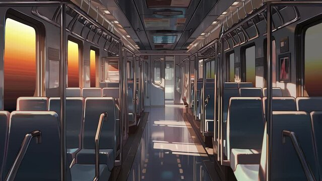 anime scene of empty subway train glides smoothly along its tracks