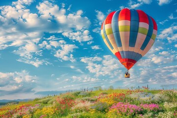 Fototapeta premium Colorful hot air balloon above the hill fill with flower in the bright summer day