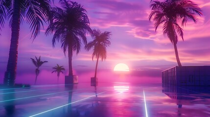 Naklejka premium Retro Sunset with Palm Trees and Neon Reflections