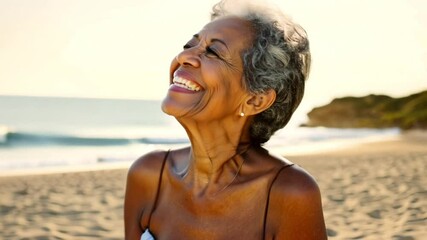 African American senior woman enjoy life by ocean beach. A mature African American woman enjoys a peaceful moment by the sea, her face lit by the setting sun. A perfect portrayal of serenity and agele