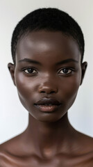Close-up of an African model with short dark hair. Beautiful young woman posing, looking at the camera on a white background. Beauty and fashion concept.