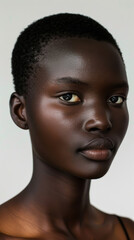 Close-up of an African model with short dark hair. Beautiful young woman posing, looking at the camera on a white background. Beauty and fashion concept.