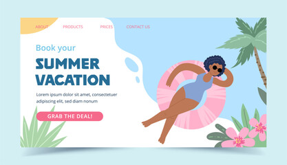 Summer travel landing page. Happy woman swimming on a swim ring, vector illustration