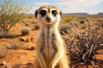 An adorable meerkat standing upright against arid desert backdrop where soft light highlights its curious eyes as it scans surroundings off-center position captivating viewers with its charm