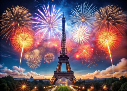 Eiffel Tower night fireworks in Paris, France on Bastille Day - Powered by Adobe