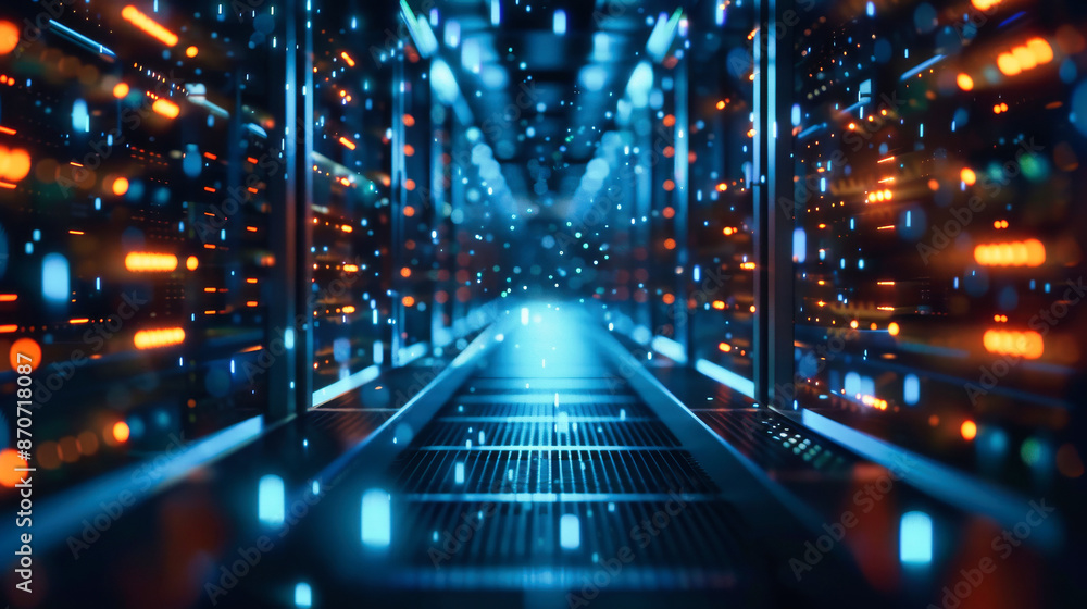 Poster a row of computer servers in a data center. concept of cyberspace, communication and technology.