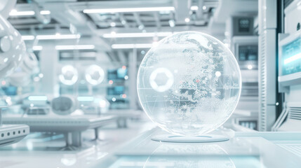 Fototapeta premium Hologram or plasma sphere in a white research lab. Advanced futuristic technology concept.