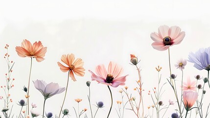 Obraz premium Delicate Pastel Cosmos Flowers on a White Background