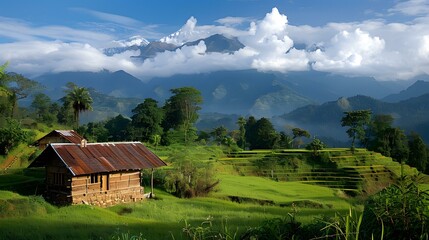 Tranquil Rice Terraces with Mountain Views