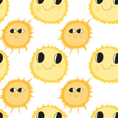 Cartoon seamless pattern with cute baby smiling suns. Children's print