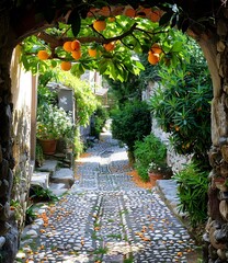 Obraz premium cobblestone alley under orange trees
