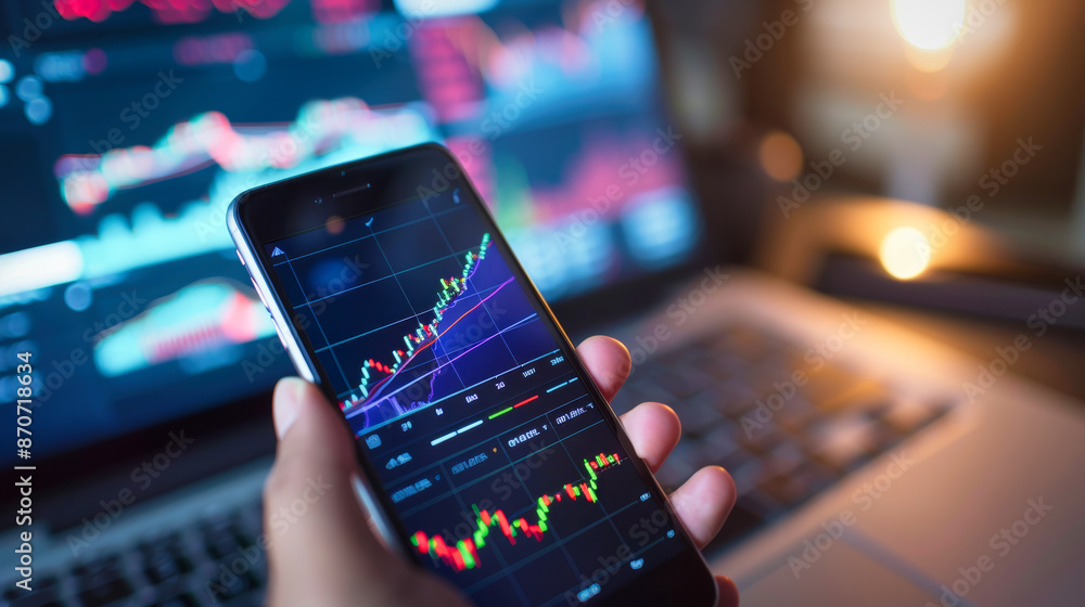Poster a hand holding a mobile phone displaying a trading graph and stock market data