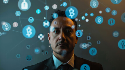 Portrait of an adult man posing against a dark background with stock symbols floating around. The banker analyzes the rise and fall. Double exposure. Business, finance concept.