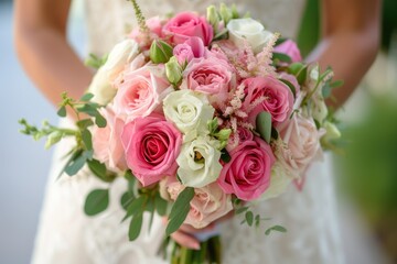 The bride in a white wedding dress holds a wedding bouquet. The bouquet consists of white, pink, purple roses, eucalyptus leaves, and pink berries