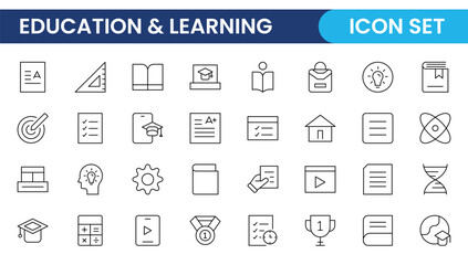Education line icon collection. Contains knowledge, college, task list, design, training, idea, teacher, file, graduation hat, institute, ruler, and telescope. Education set of web icons in style.