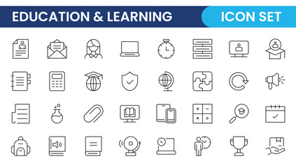 Education line icon collection. Contains knowledge, college, task list, design, training, idea, teacher, file, graduation hat, institute, ruler, and telescope. Education set of web icons in style.