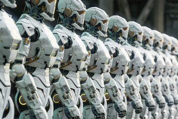 Robot android military cybernetic walking in defender rows. Futuristic technology and artificial intelligence concept. Group army of advanced futuristic robots standing in formation