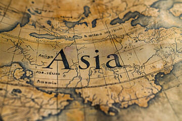 Close-up of the title ASIA on an antique parchment map.