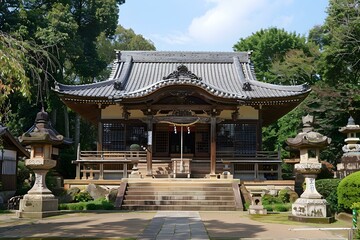 Obraz premium Japanese temple with stone lanterns and trees