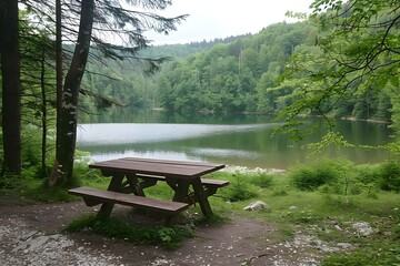 Obraz premium Wooden table and bench near the lake in the forest